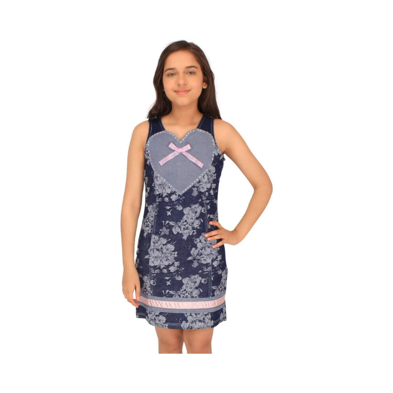 Girls' Floral Denim Sleeveless Sheath Dress with Heart Graphic