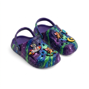 Kids' Jet Black Open-Toe Double-Strap Sandal with Astronaut Embellishments
