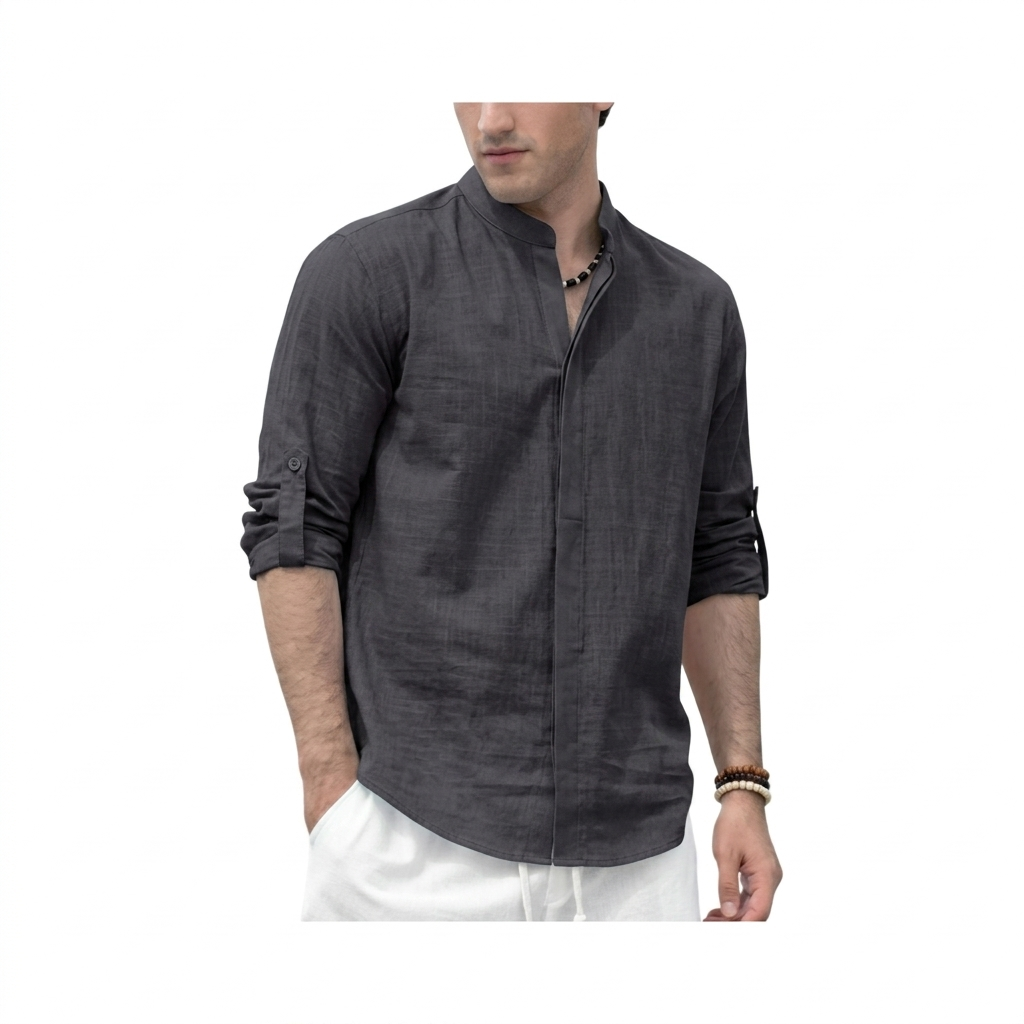Men’s Emerald Green Slub Textured Roll-Up Sleeve Henley Shirt