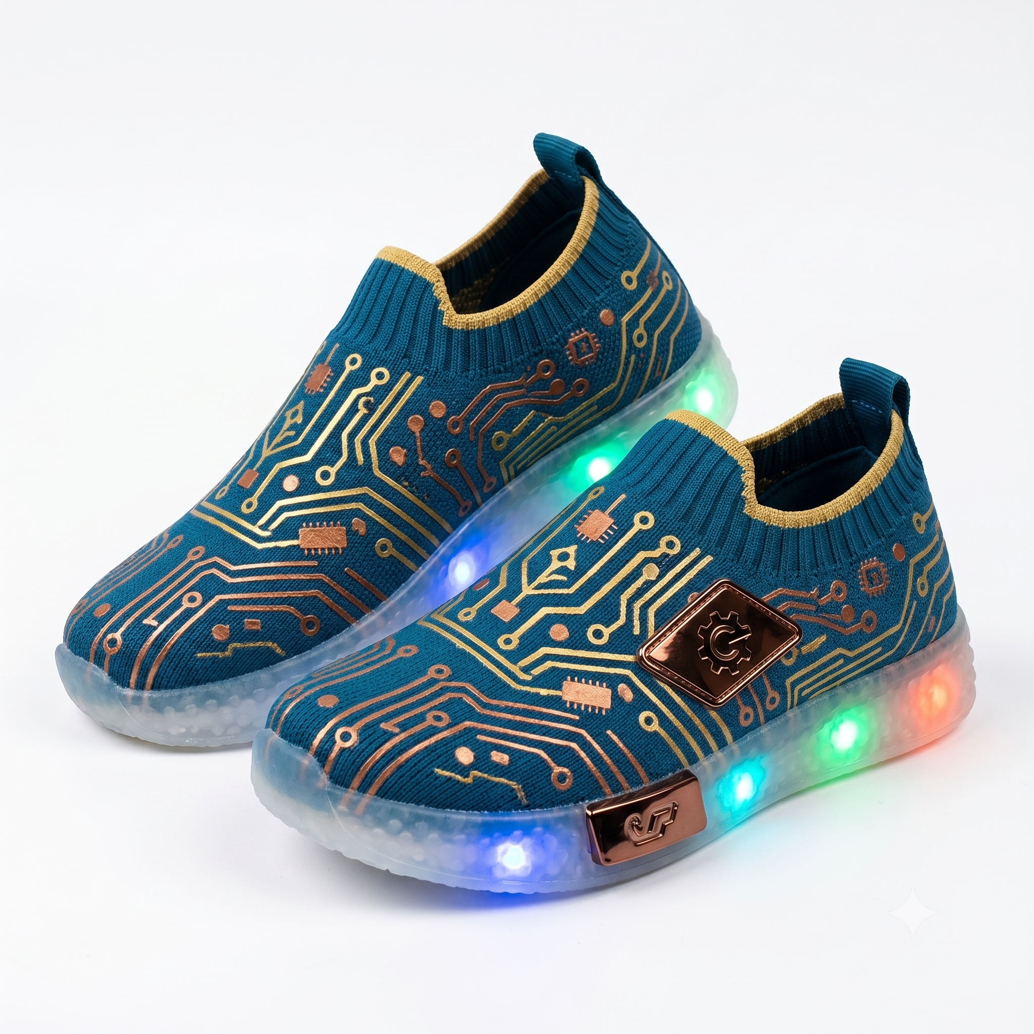 Kids' Black and Green Splash Graphic Running Shoes with LED Light-Up Midsole