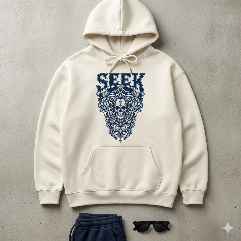 Men's Cream Minimalist Seek Skull Motif Kangaroo Pocket Hoodie